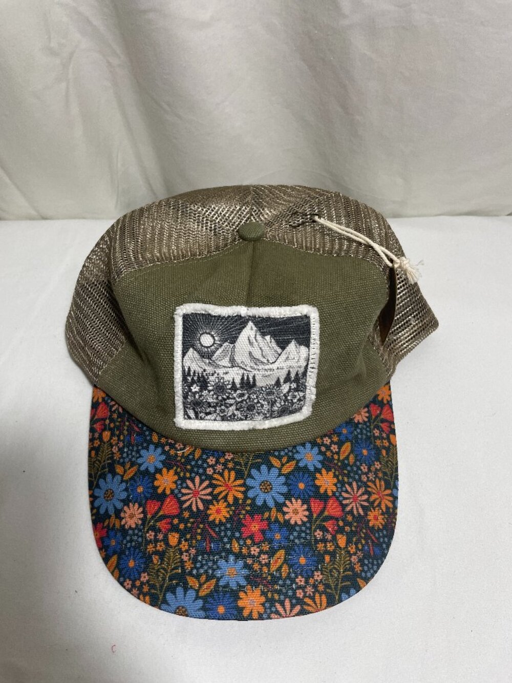 Natural Life Trucker Hat Olive Green Floral Brim Mountain Patch Snapback Cap